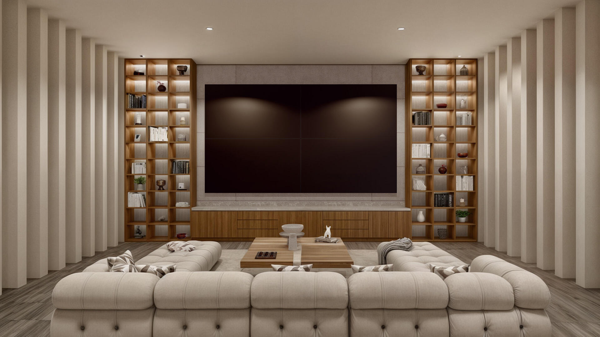 Villa del León media room in Pedregal facing a large screen and bookshelves